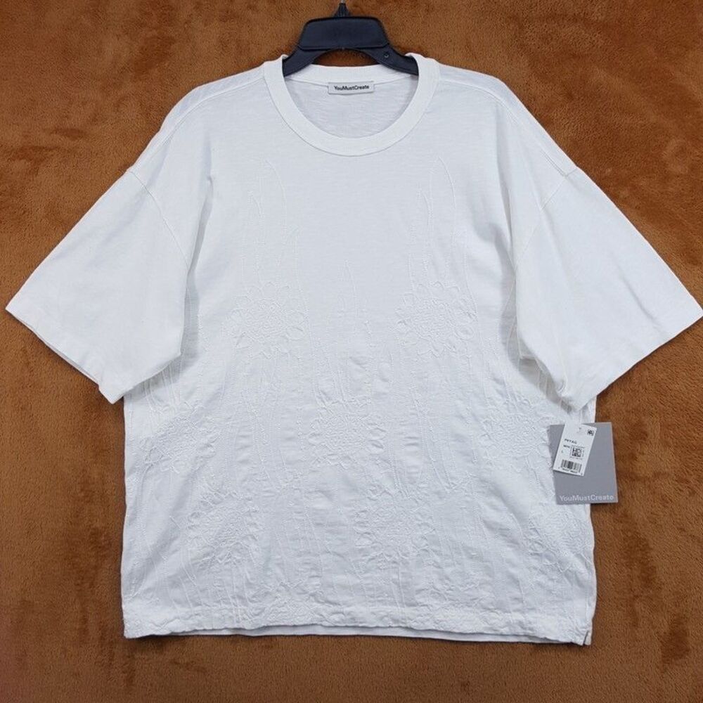 YMC Shirt Mens Large White Pullover Crew Cotton Triple T Sunflower Textured $145